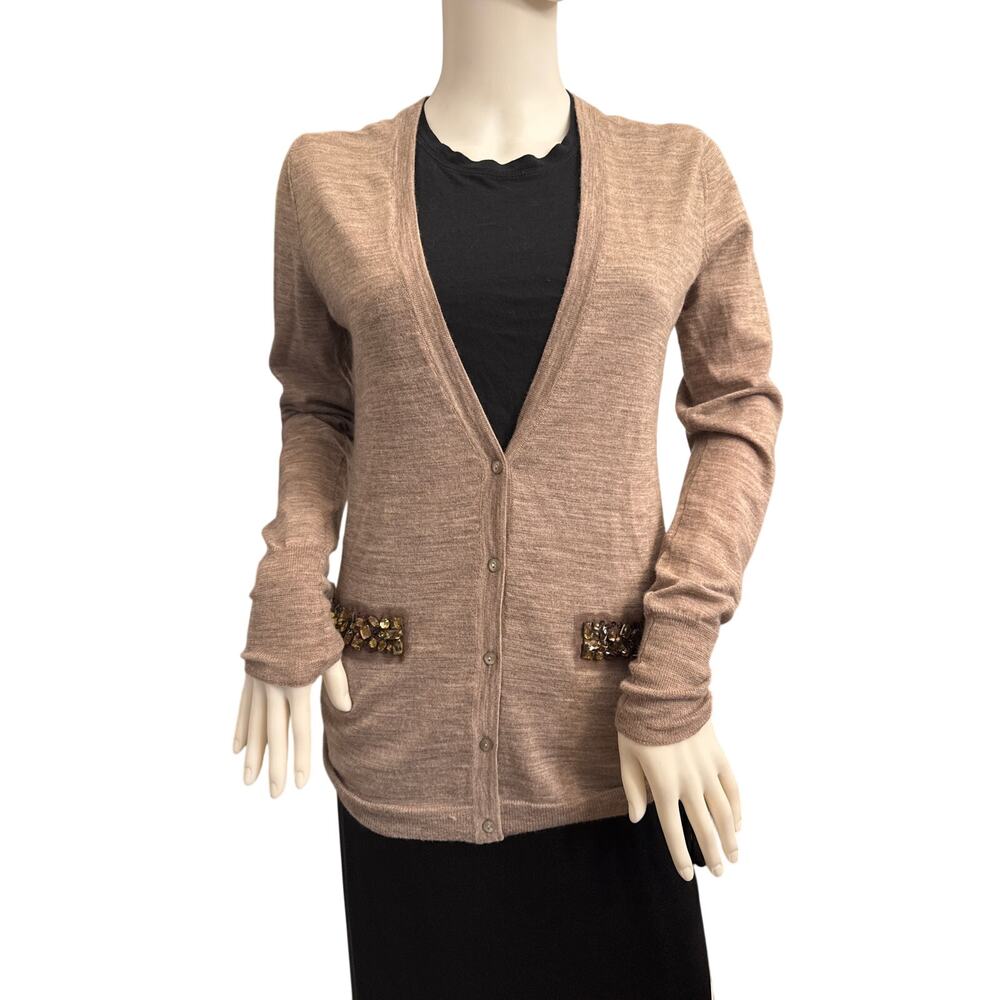 LOFT Medium Wool Blend Beaded Sequin Cardigan Gray Taupe Preppy Chic